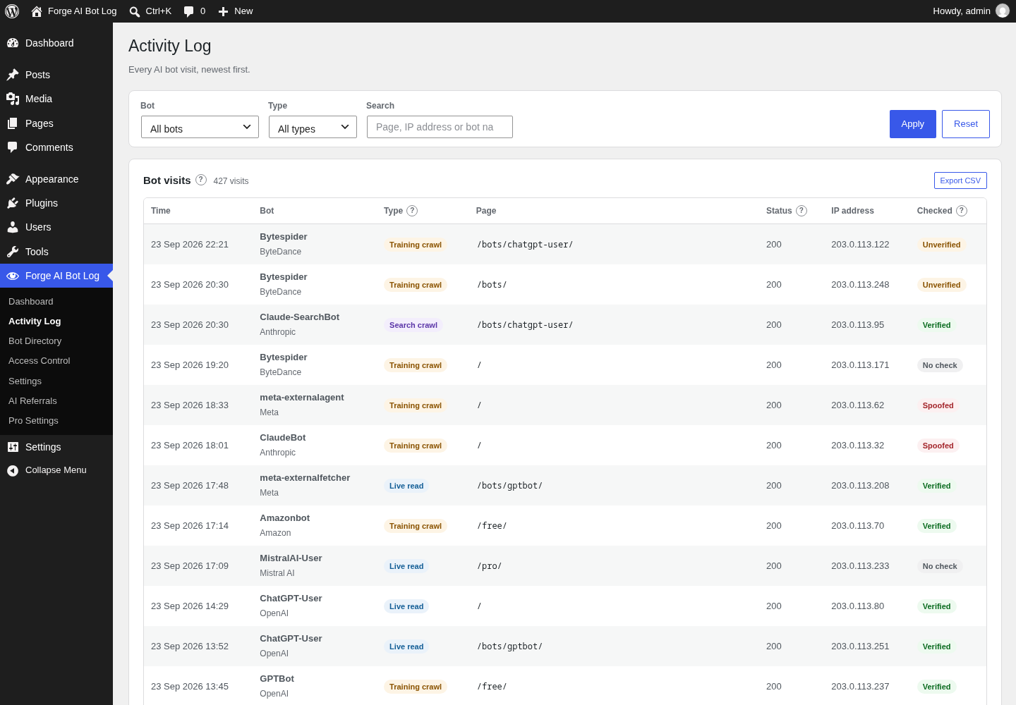 Forge AI Bot Log activity log